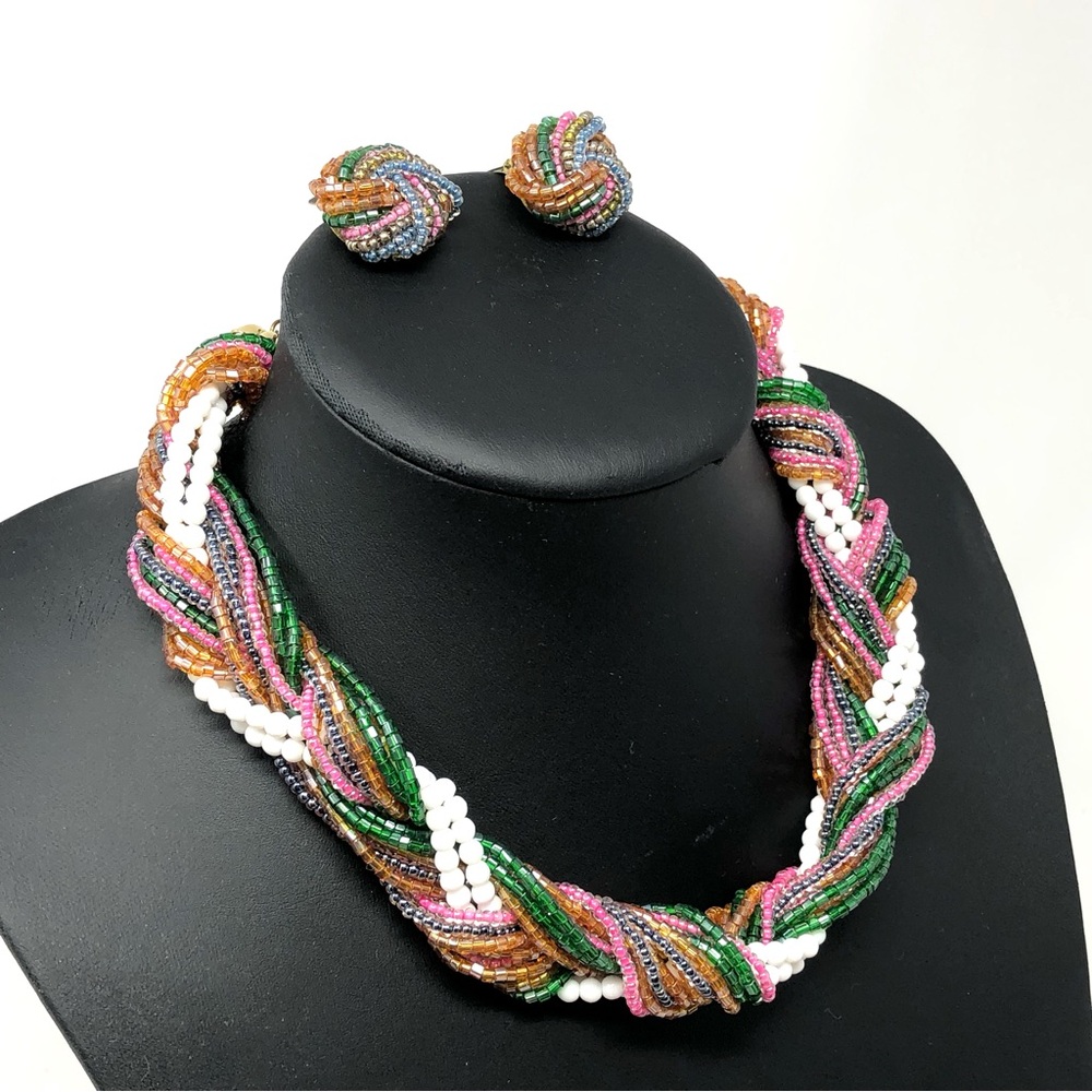 1950s Essex of Canada beaded torsade necklace and matching clip earrings